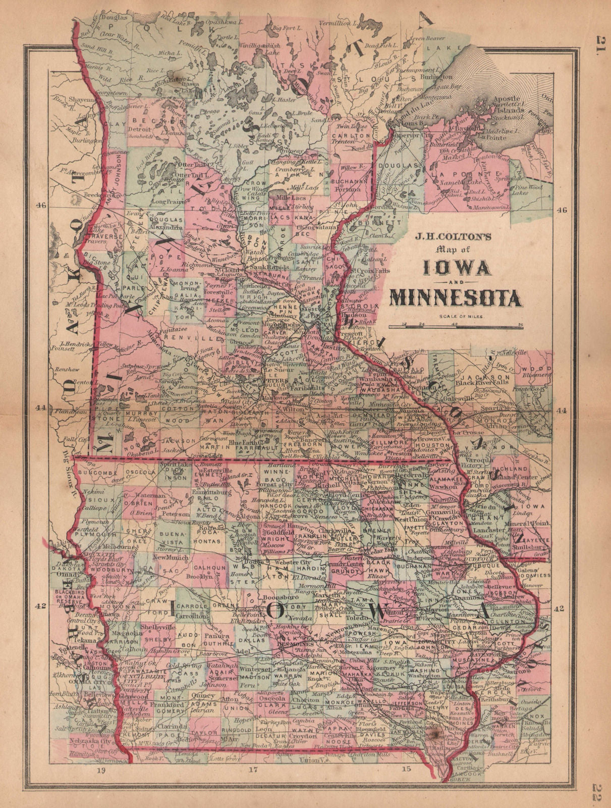 J. H. Colton's map of Iowa and Minnesota 1864 old antique plan chart